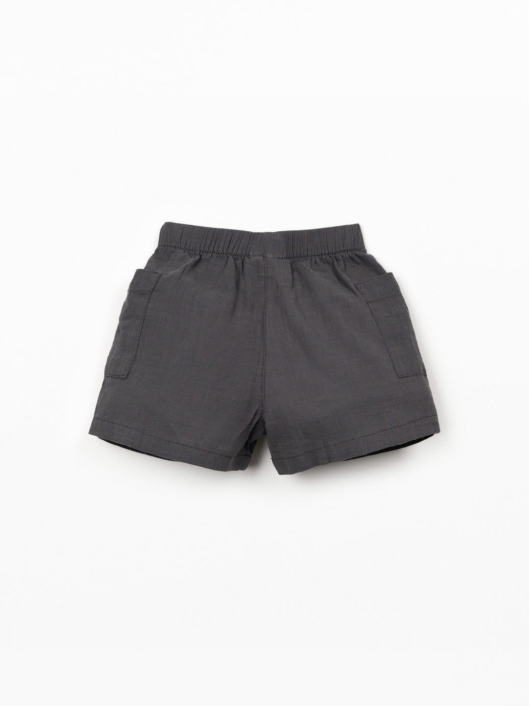 Organic cotton baby boy shorts in charcoal grey with elastic waistband and patch pockets