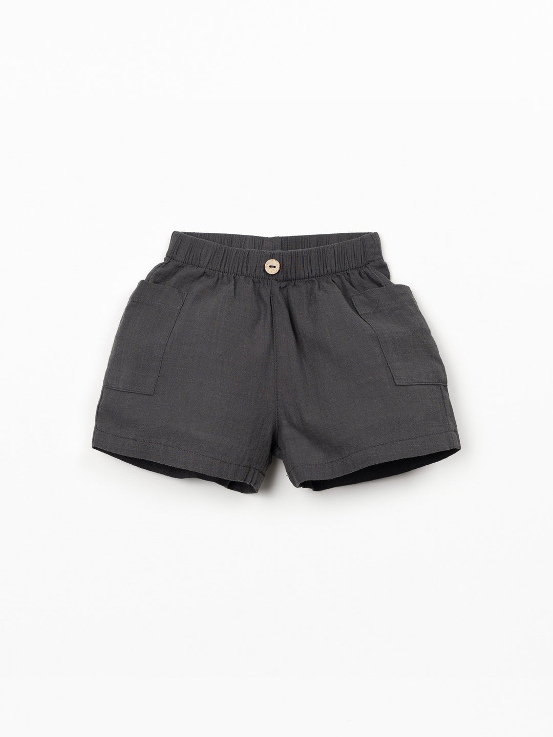 Organic cotton baby boy shorts in charcoal grey with elastic waistband and patch pockets