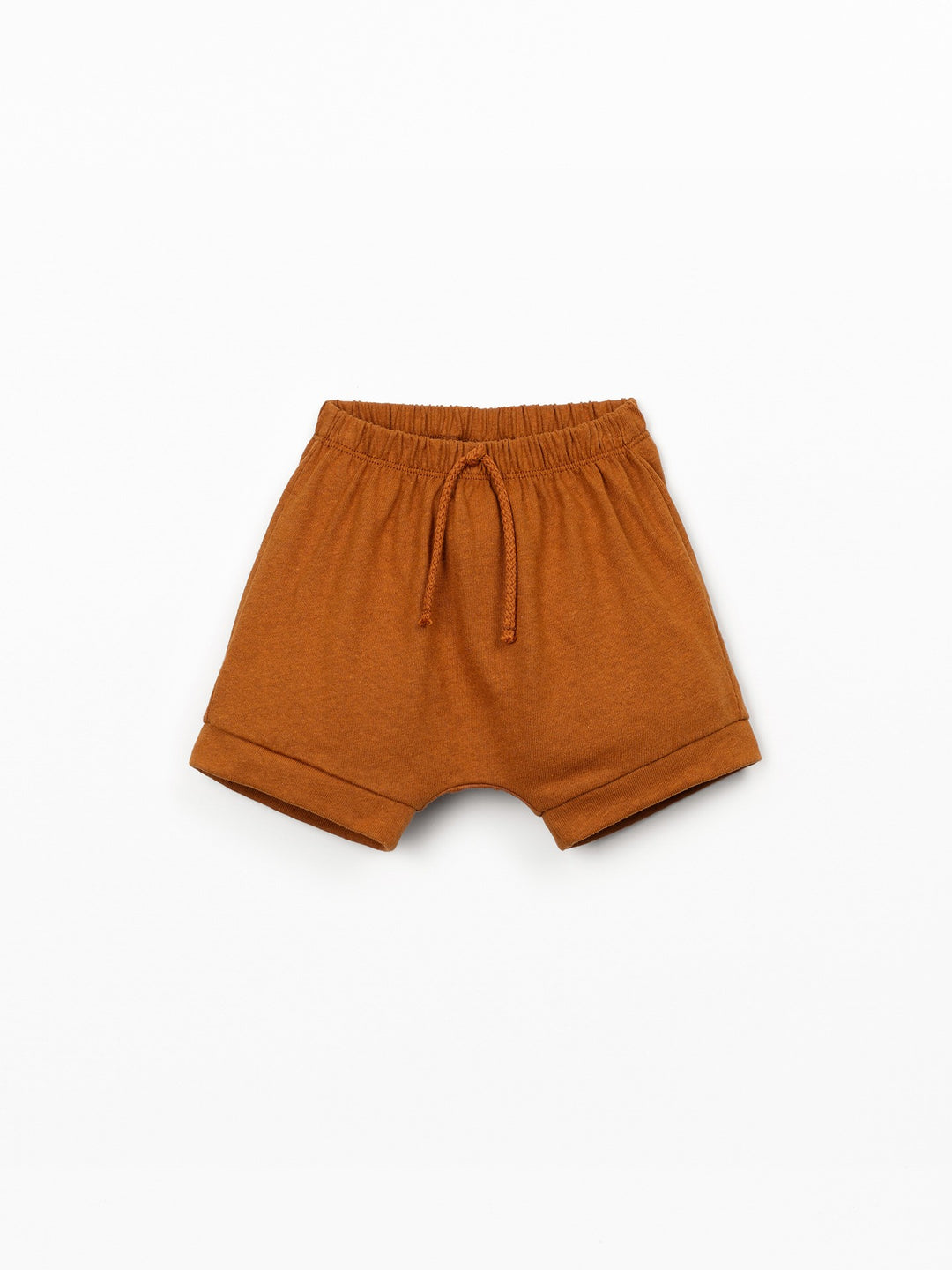 Baby boy organic cotton and linen shorts in cinnamon brown by Play Up