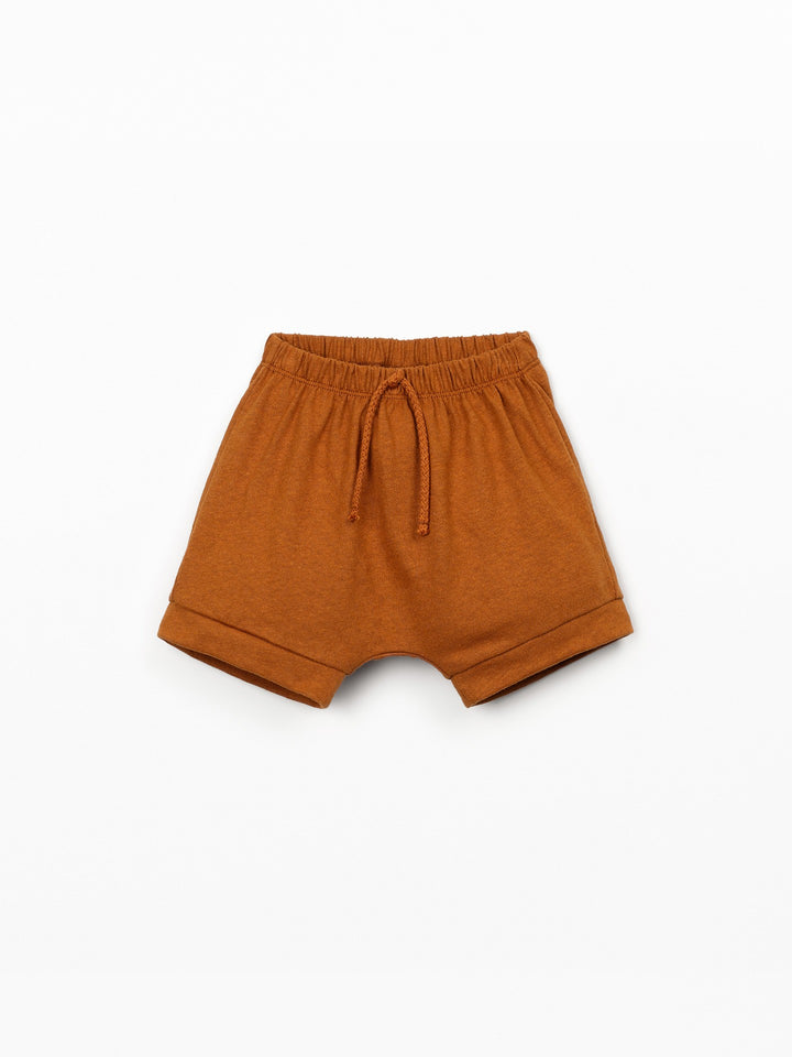 Baby boy organic cotton and linen shorts in cinnamon brown by Play Up