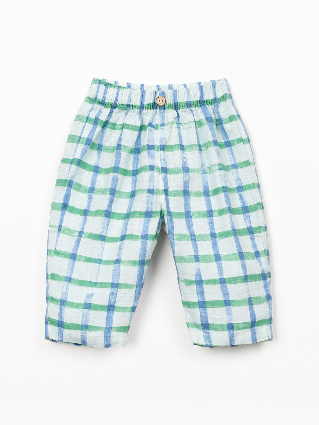 Baby check trousers in breathable natural fibers with elastic waistband