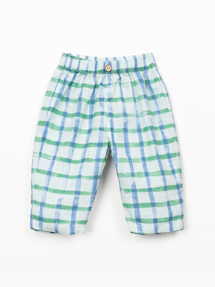 Baby check trousers in breathable natural fibers with elastic waistband