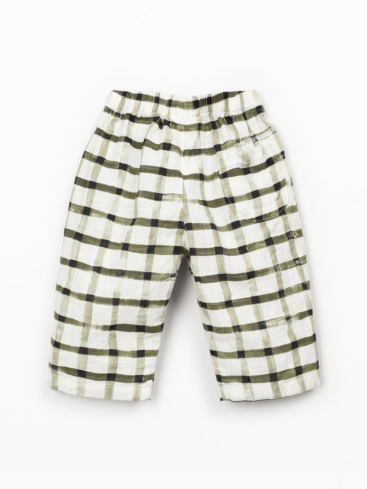 Baby check trousers in breathable natural fibers with elastic waistband