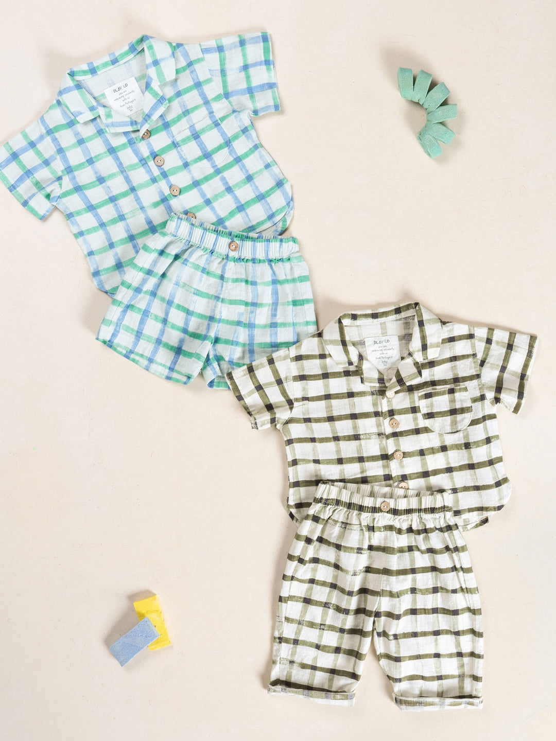 Baby check trousers in breathable natural fibers with elastic waistband