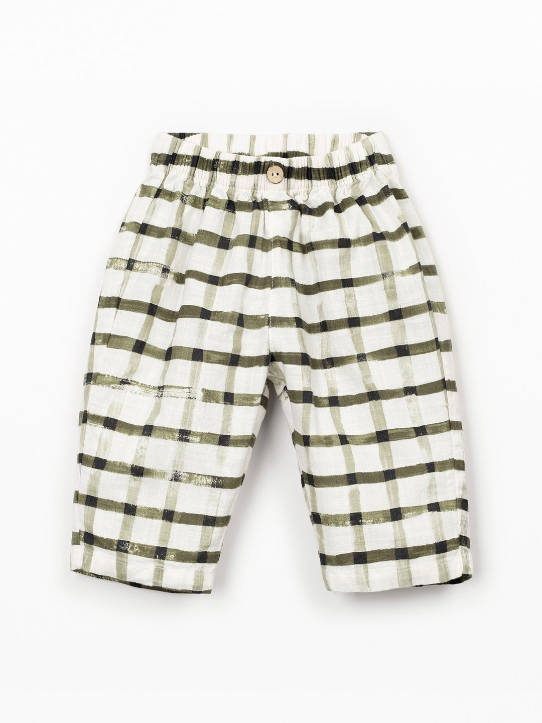 Baby check trousers in breathable natural fibers with elastic waistband