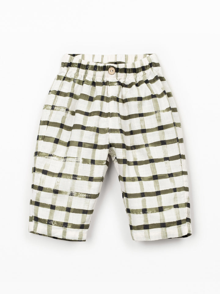 Baby check trousers in breathable natural fibers with elastic waistband