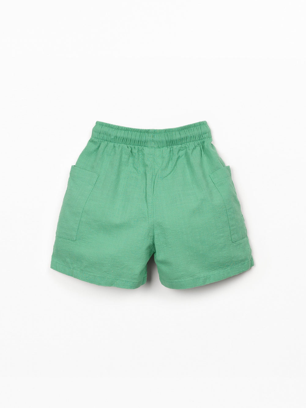 Organic cotton boy shorts in green with elastic waistband and patch pockets