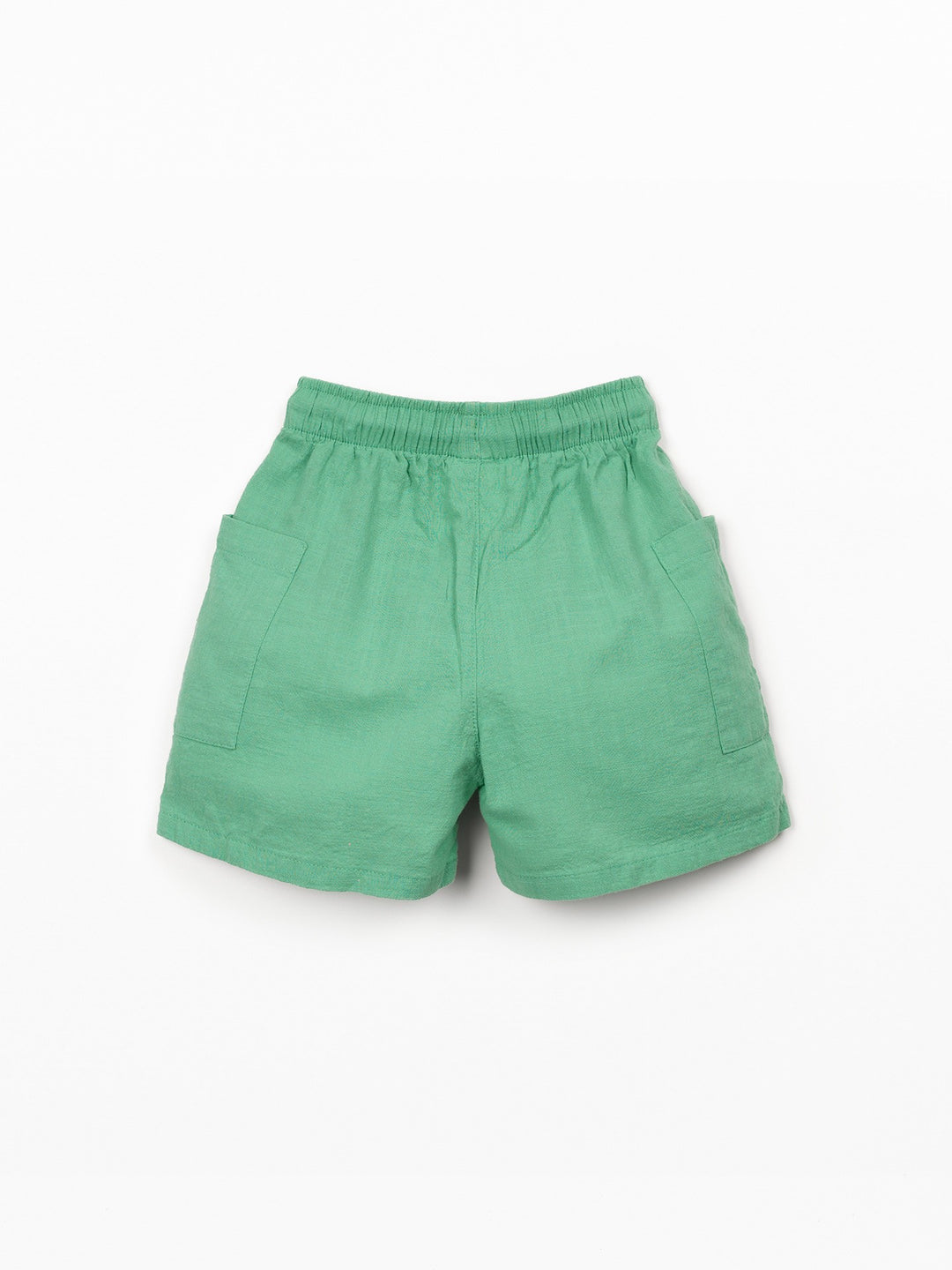 Organic cotton boy shorts in green with elastic waistband and patch pockets