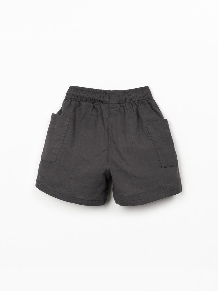 Organic cotton boy shorts in charcoal grey with elastic waistband and patch pockets
