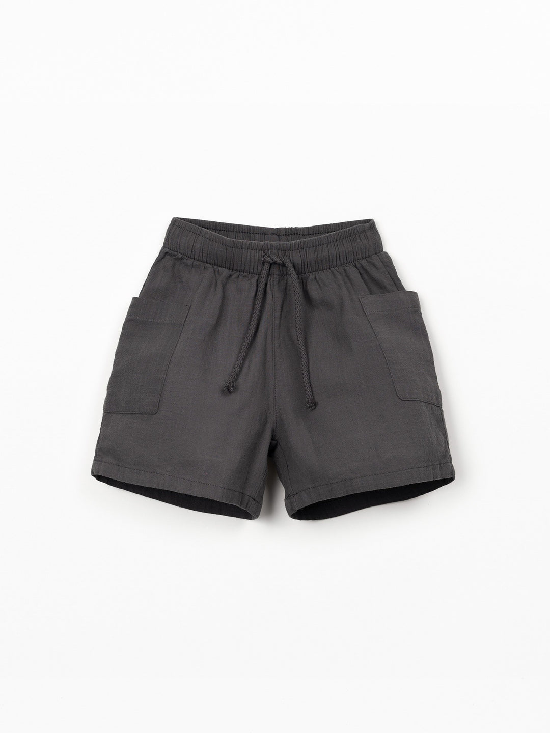 Organic cotton boy shorts in charcoal grey with elastic waistband and patch pockets