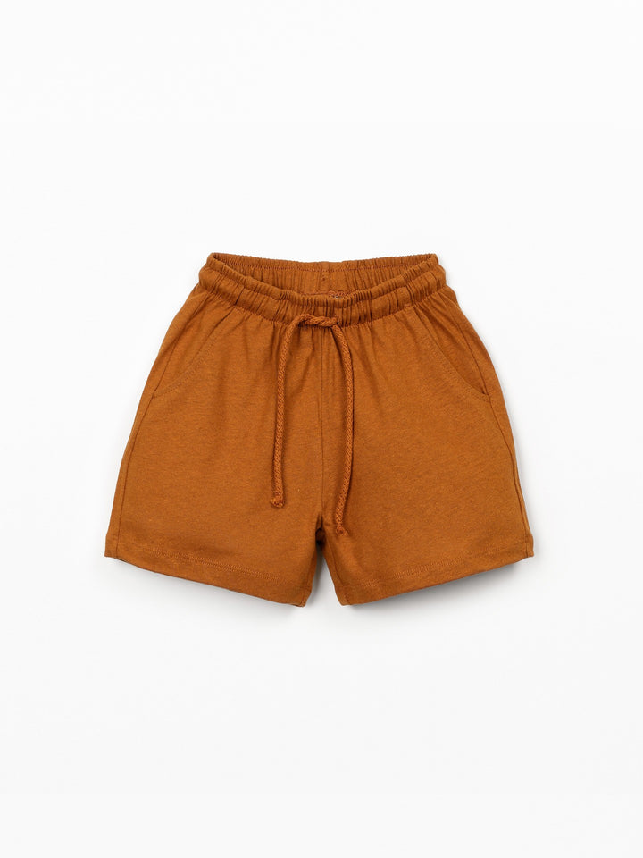 Boys cinnamon brown linen blend shorts with elastic waistband by Play Up