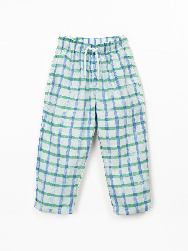 boy check trousers in breathable natural fibers with elastic waistband