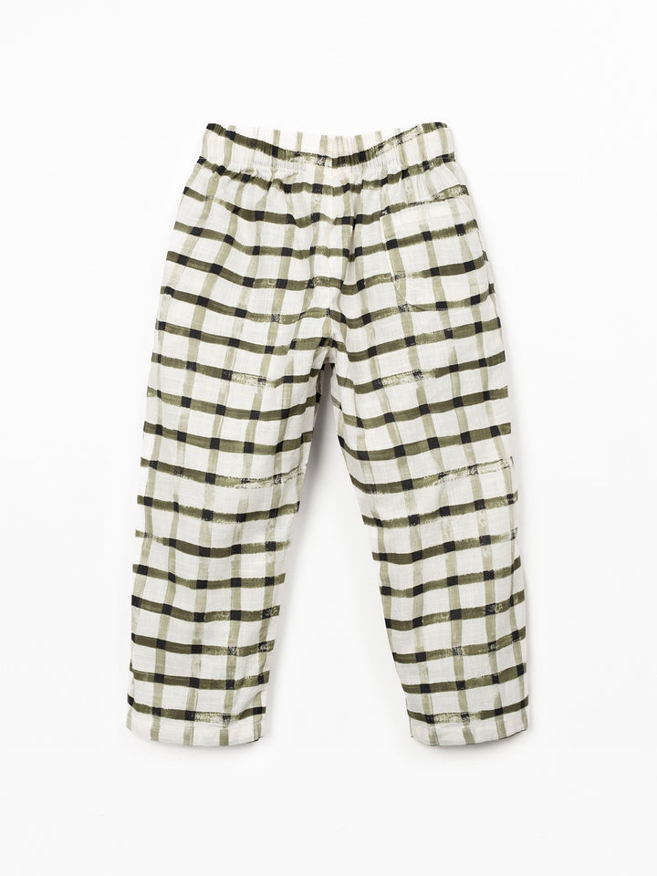 boy check trousers in breathable natural fibers with elastic waistband