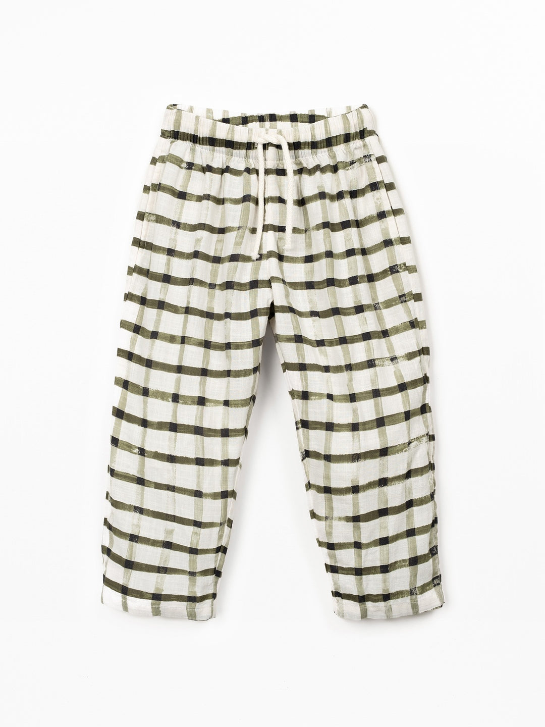 boy check trousers in breathable natural fibers with elastic waistband
