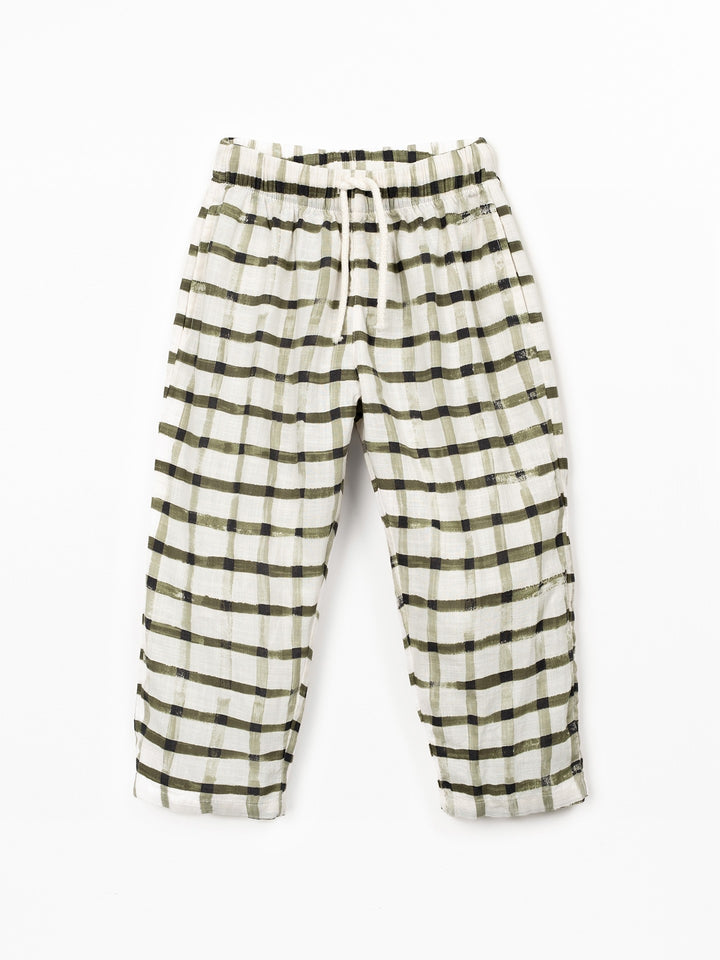 boy check trousers in breathable natural fibers with elastic waistband