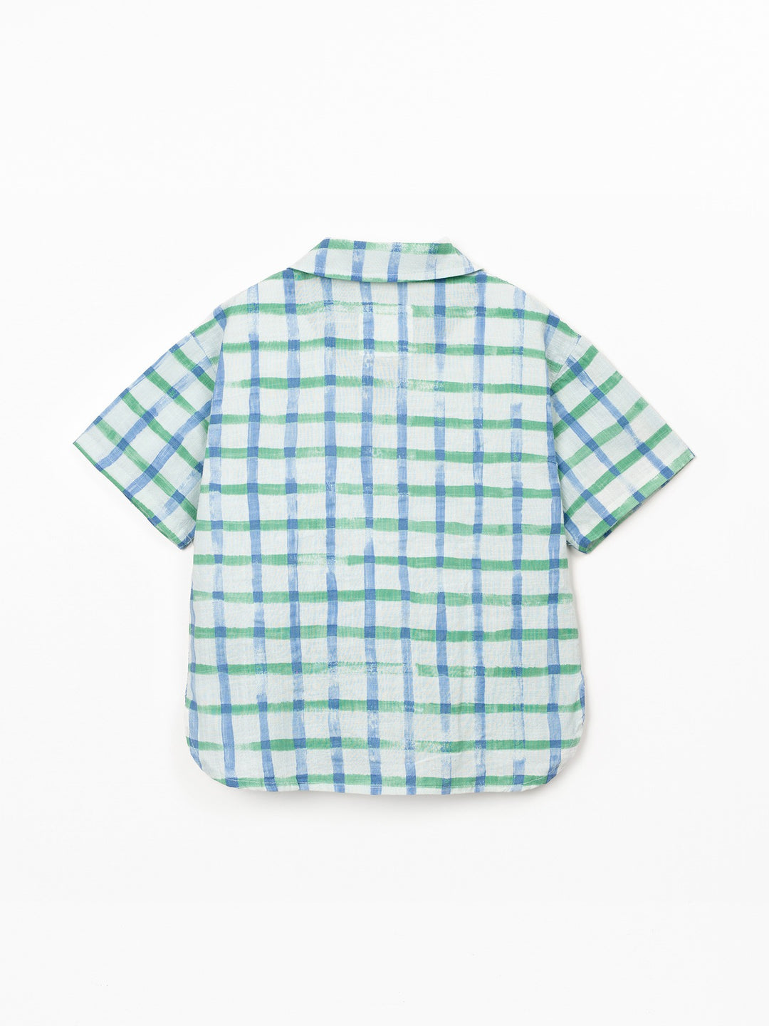 Boy wearing check organic cotton shirt with short sleeves by Play Up