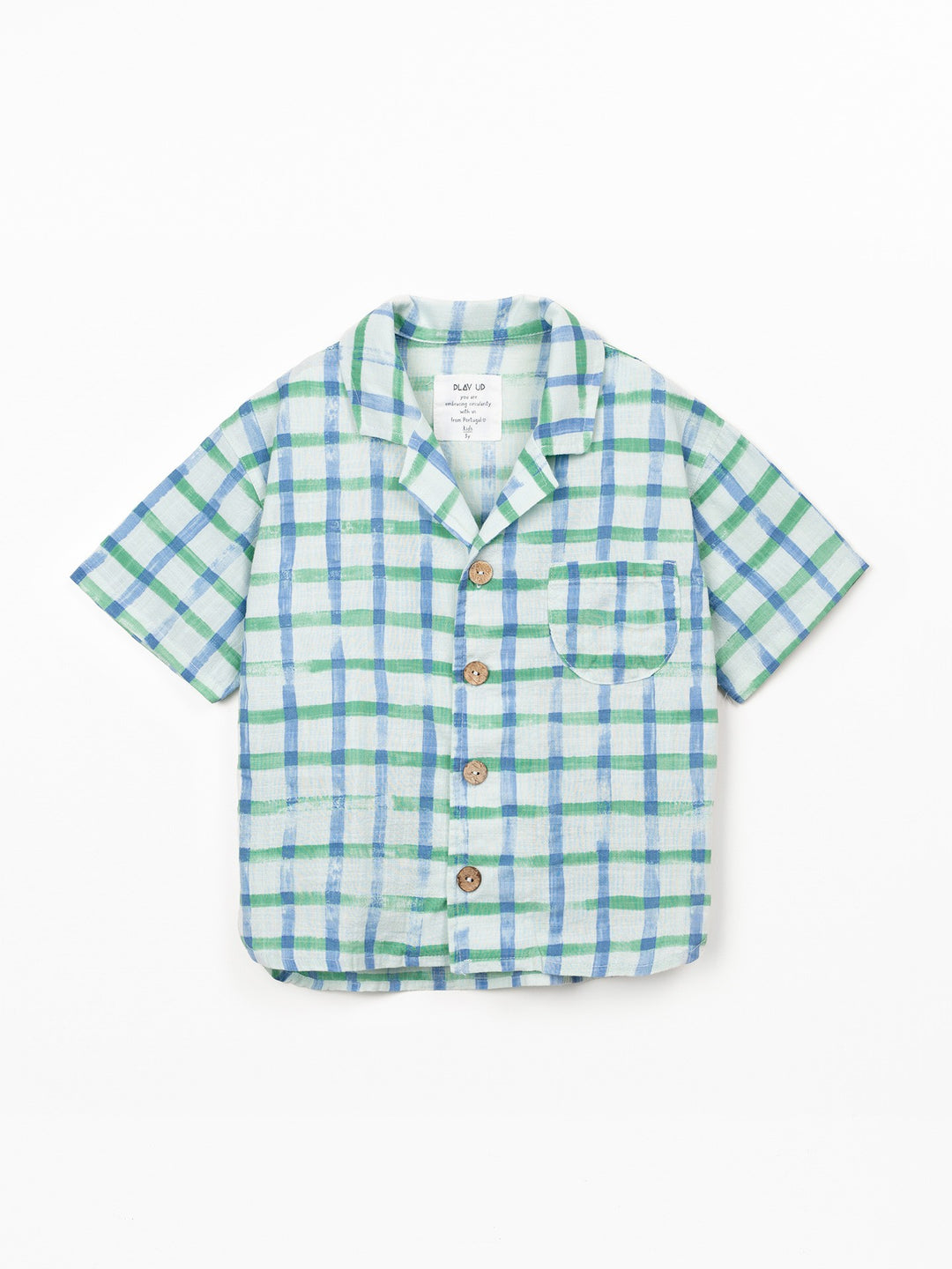 Boy wearing check organic cotton shirt with short sleeves by Play Up