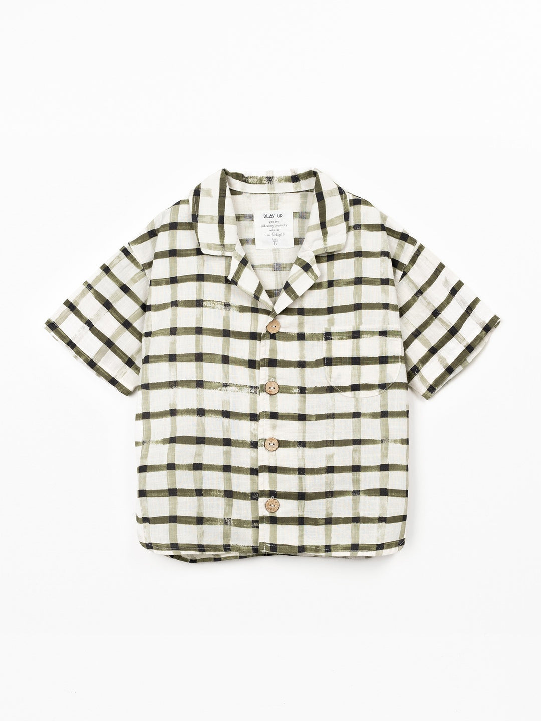 Boy wearing check organic cotton shirt with short sleeves by Play Up