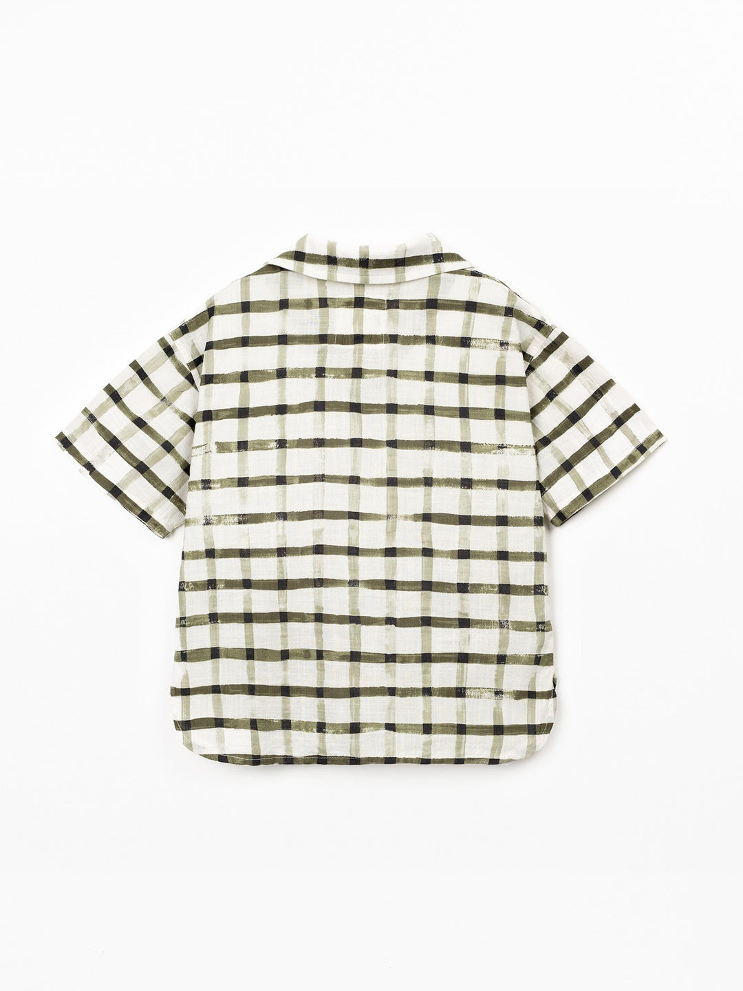 Boy wearing check organic cotton shirt with short sleeves by Play Up