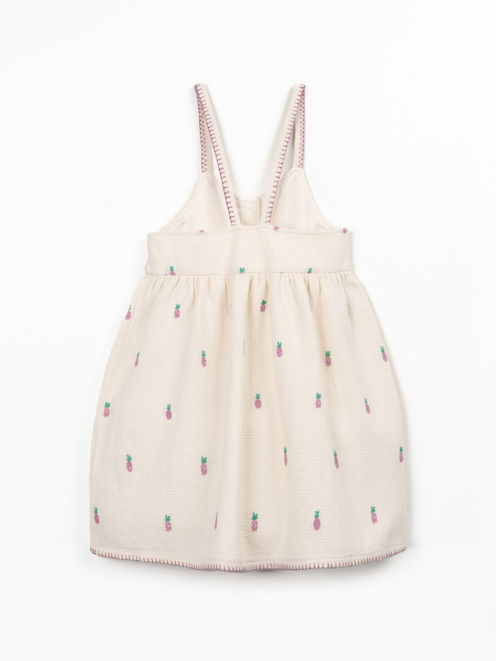 Girls textured cotton pineapple print dress with wooden buttons and adjustable straps