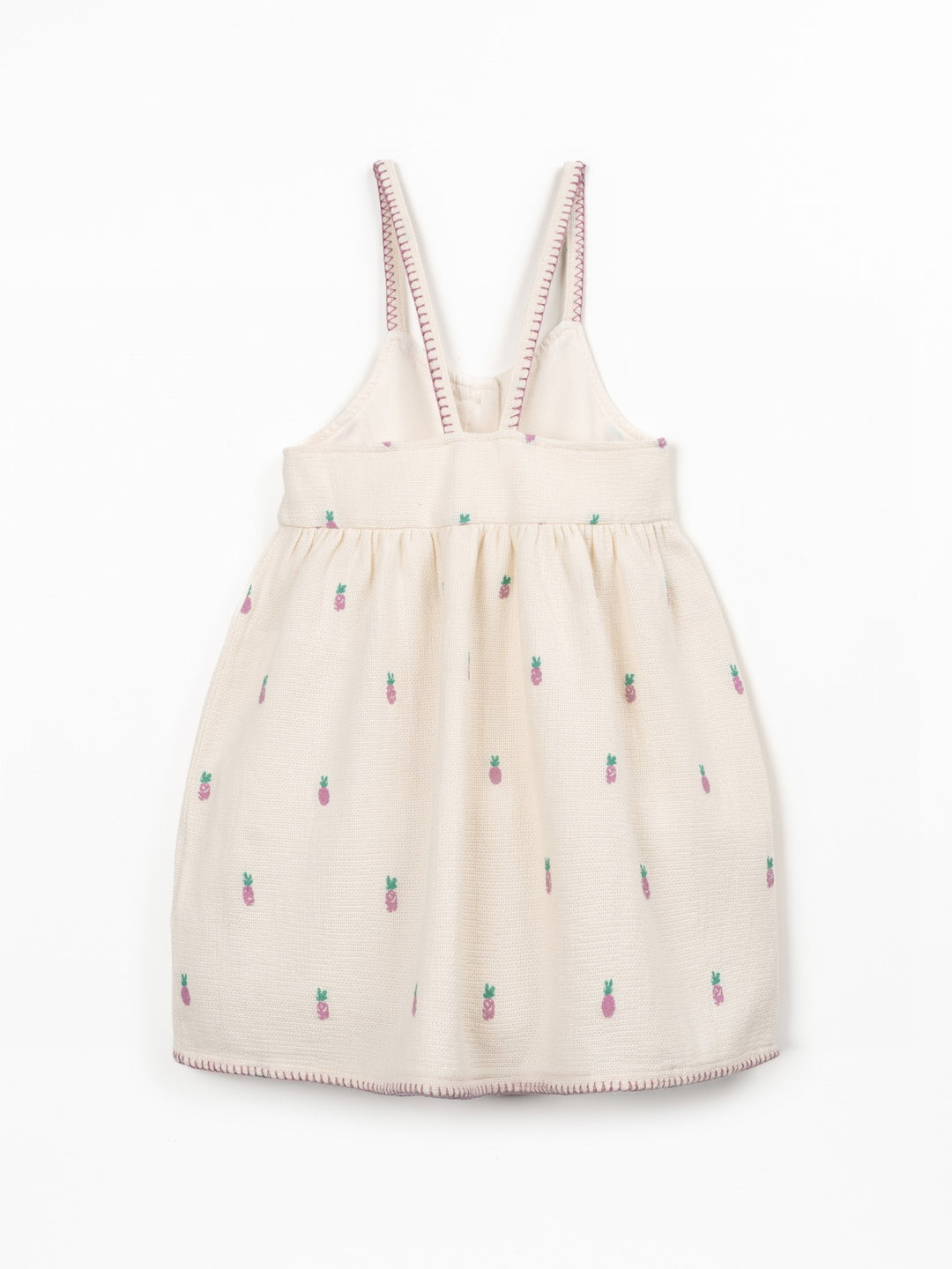 Girls textured cotton pineapple print dress with wooden buttons and adjustable straps
