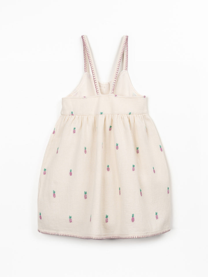 Girls textured cotton pineapple print dress with wooden buttons and adjustable straps