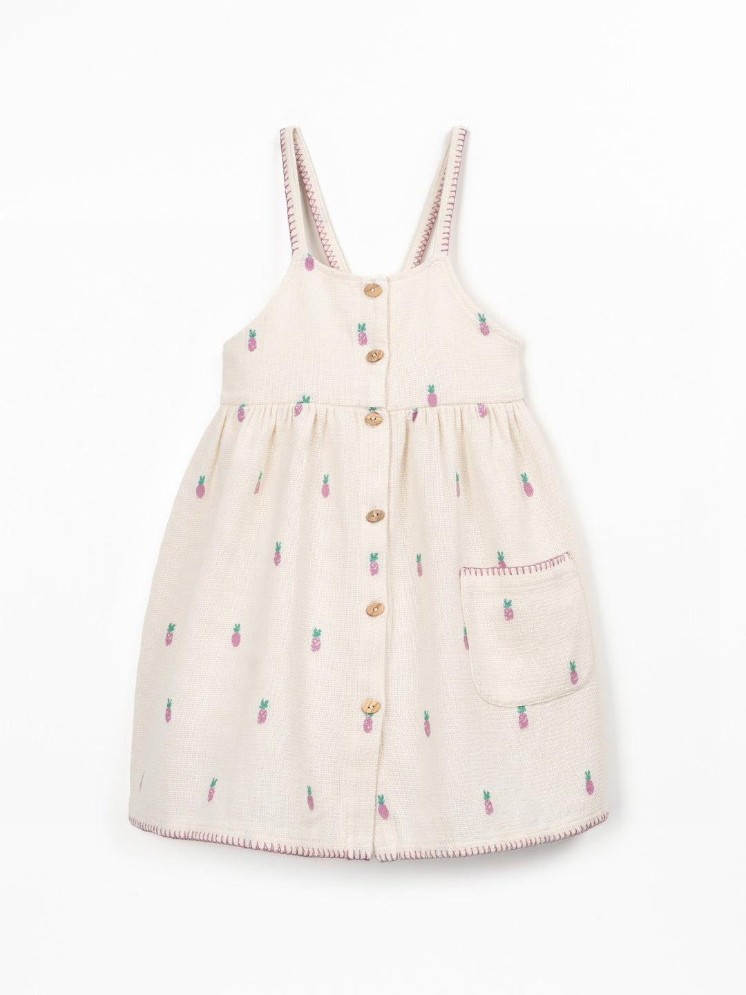 Girls textured cotton pineapple print dress with wooden buttons and adjustable straps