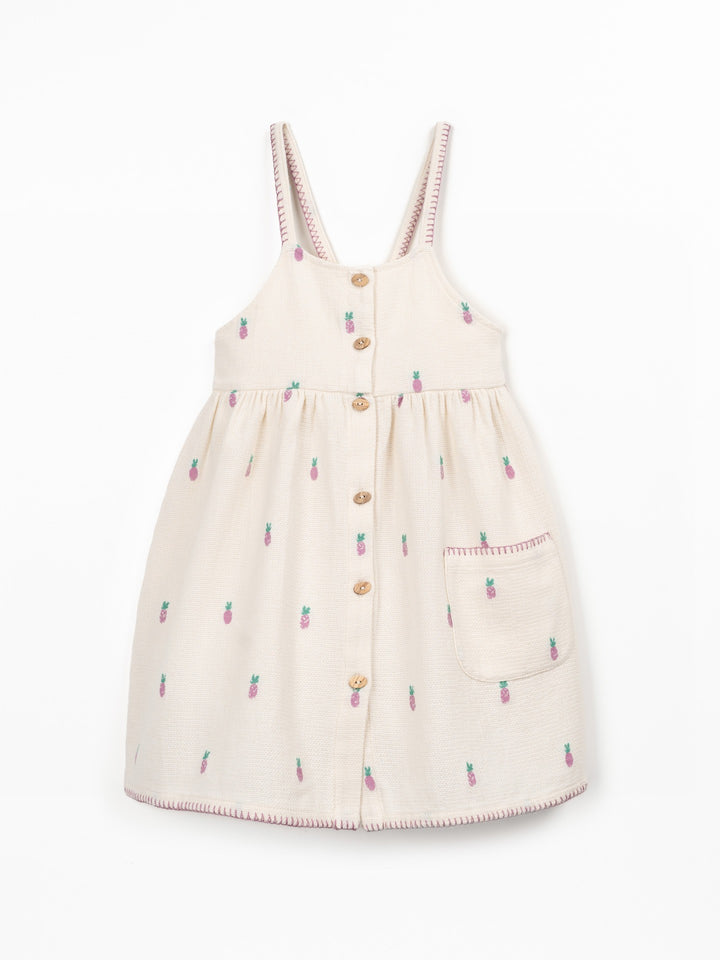 Girls textured cotton pineapple print dress with wooden buttons and adjustable straps