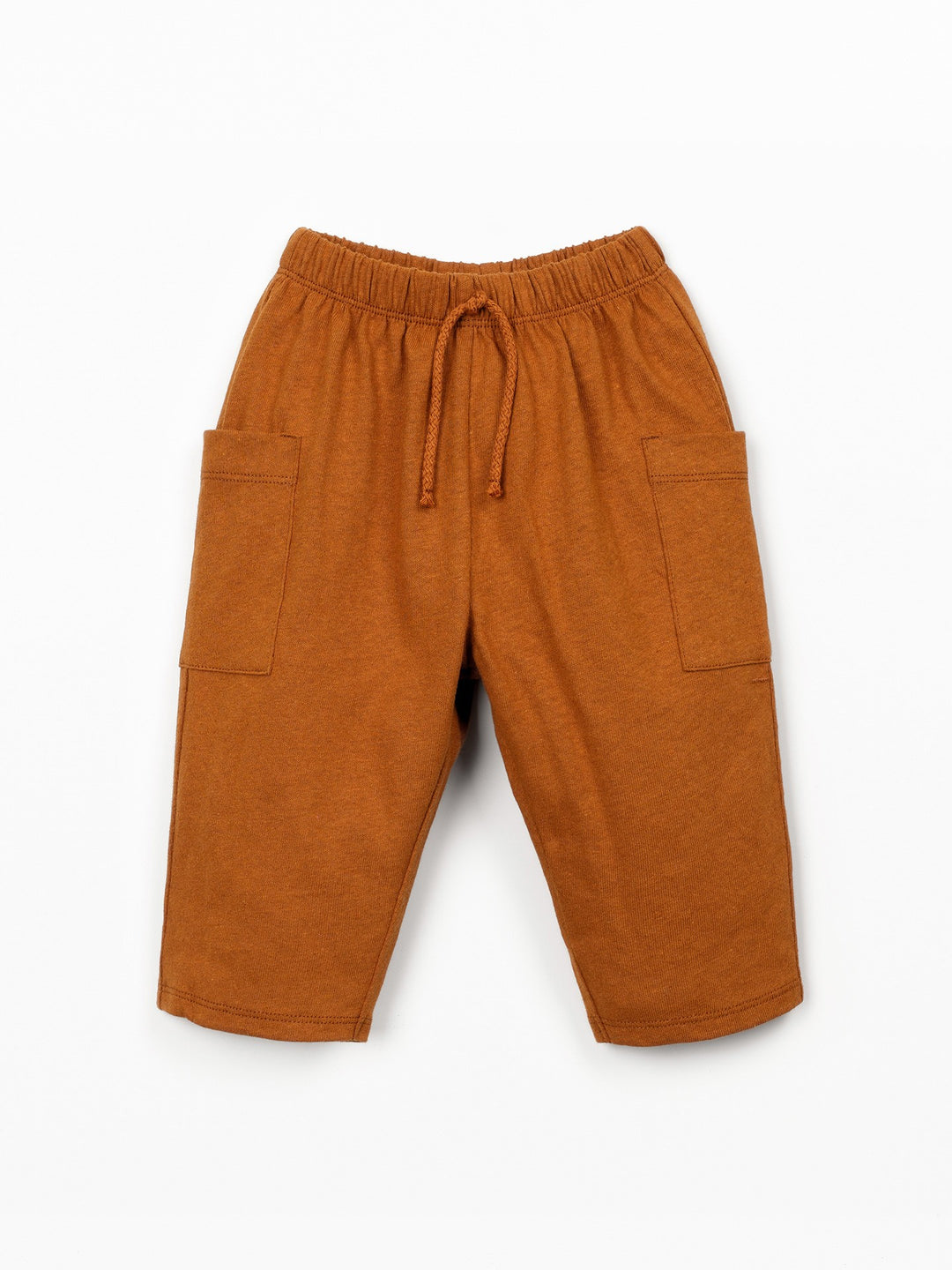 Boys organic cotton and linen blend trousers in warm caramel brown with relaxed fit and side pockets