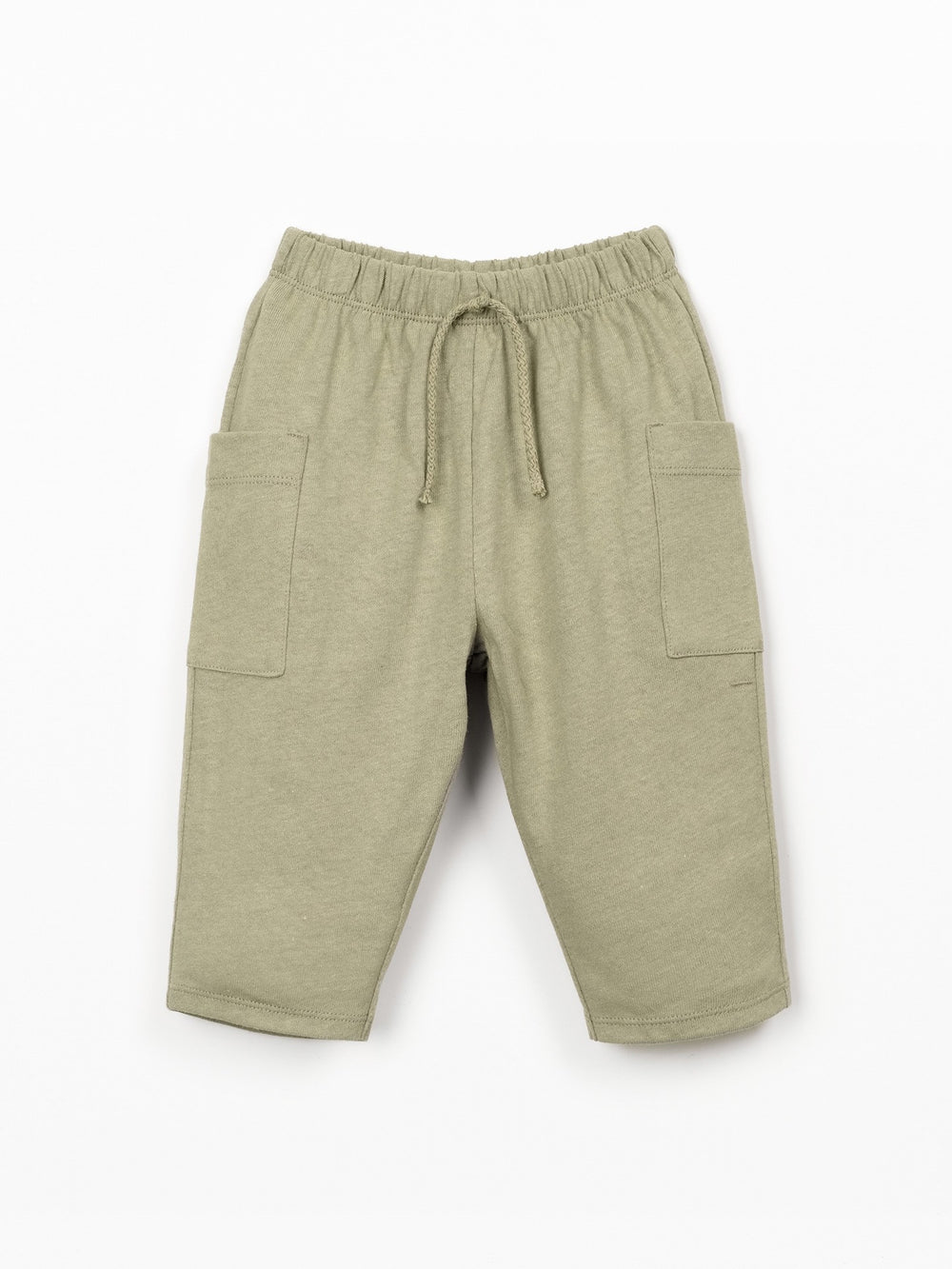 Boys organic cotton and linen blend trousers in warm green with relaxed fit and side pockets
