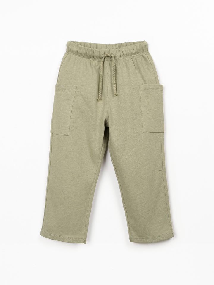 Boys organic cotton and linen blend trousers in warm green with relaxed fit and side pockets