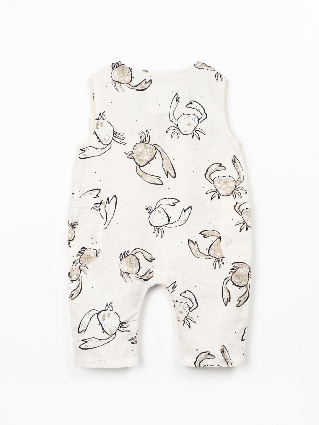 Baby linen romper with crab print and wooden buttons in soft natural tones