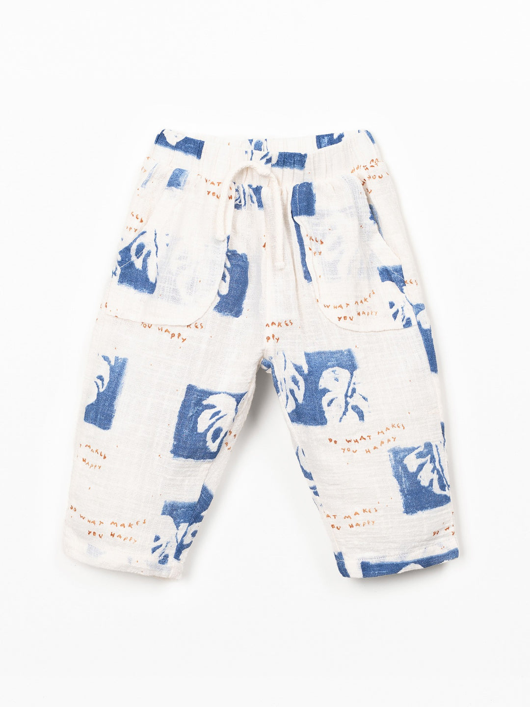 Organic cotton boys trousers with blue tropical leaf print and relaxed fit