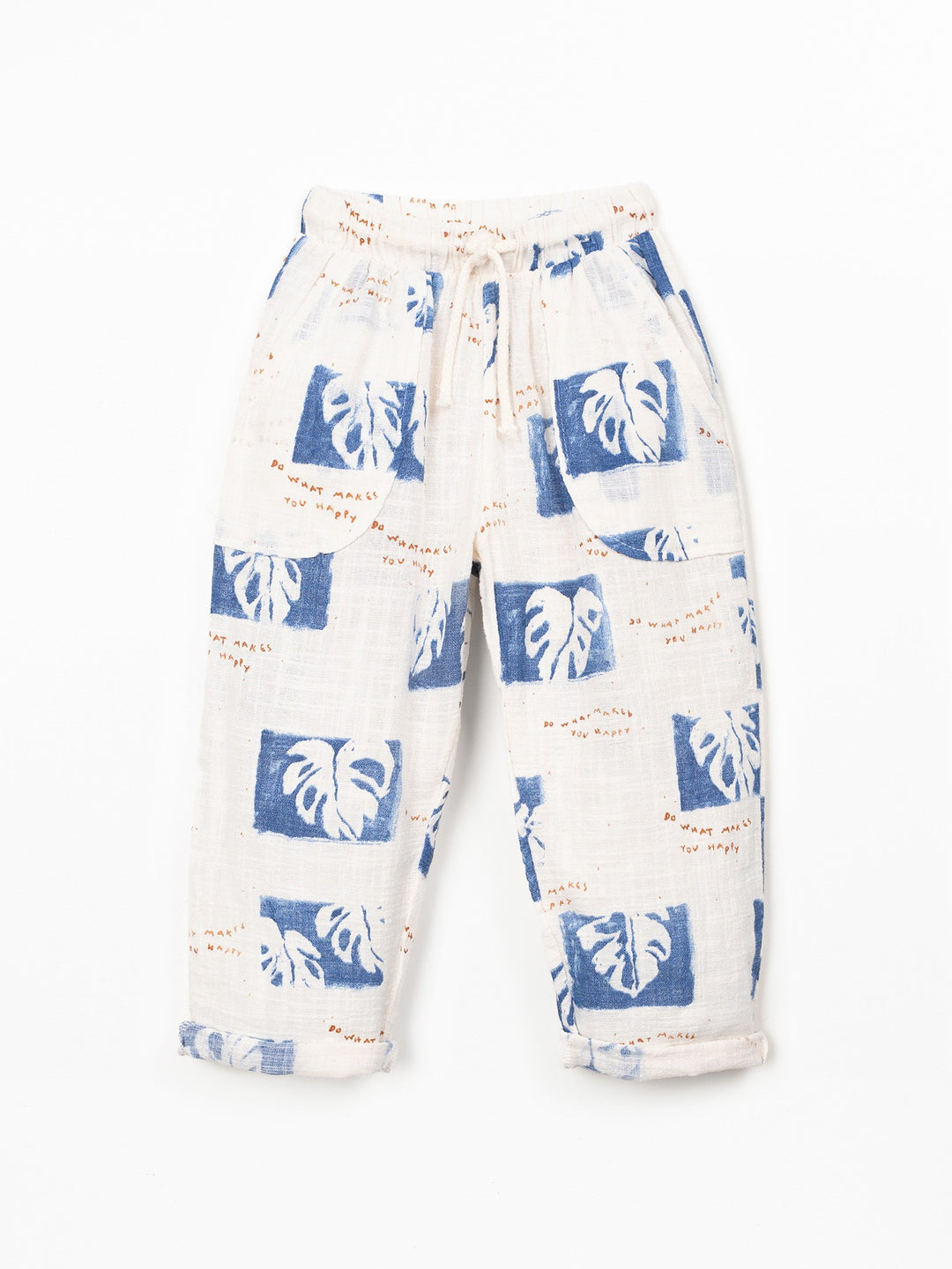 Organic cotton boys trousers with blue tropical leaf print and relaxed fit