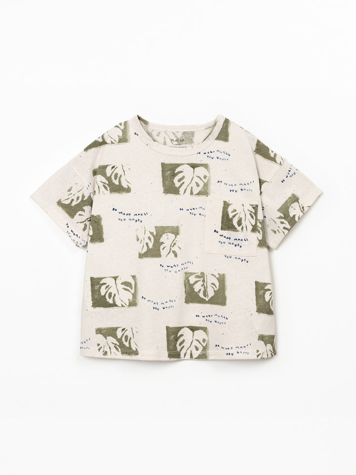 Boys natural fiber T-shirt with olive green botanical leaf print