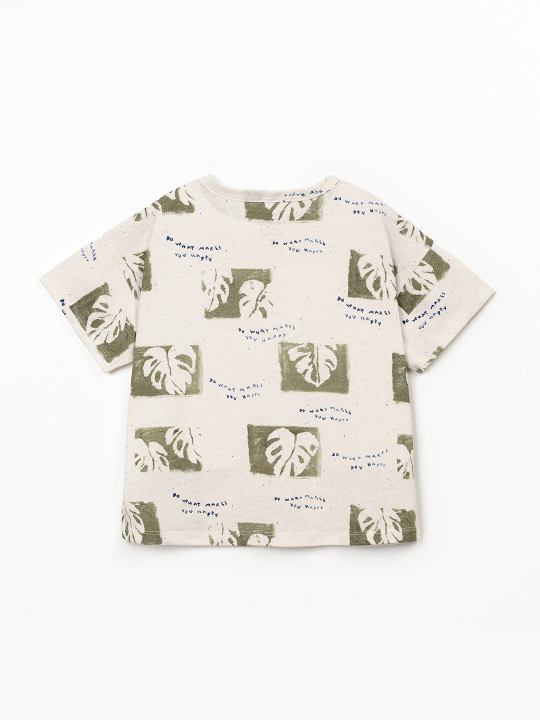 Boys natural fiber T-shirt with olive green botanical leaf print
