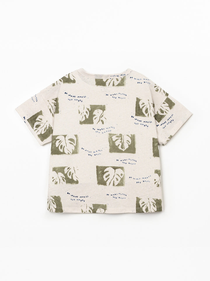 Boys natural fiber T-shirt with olive green botanical leaf print