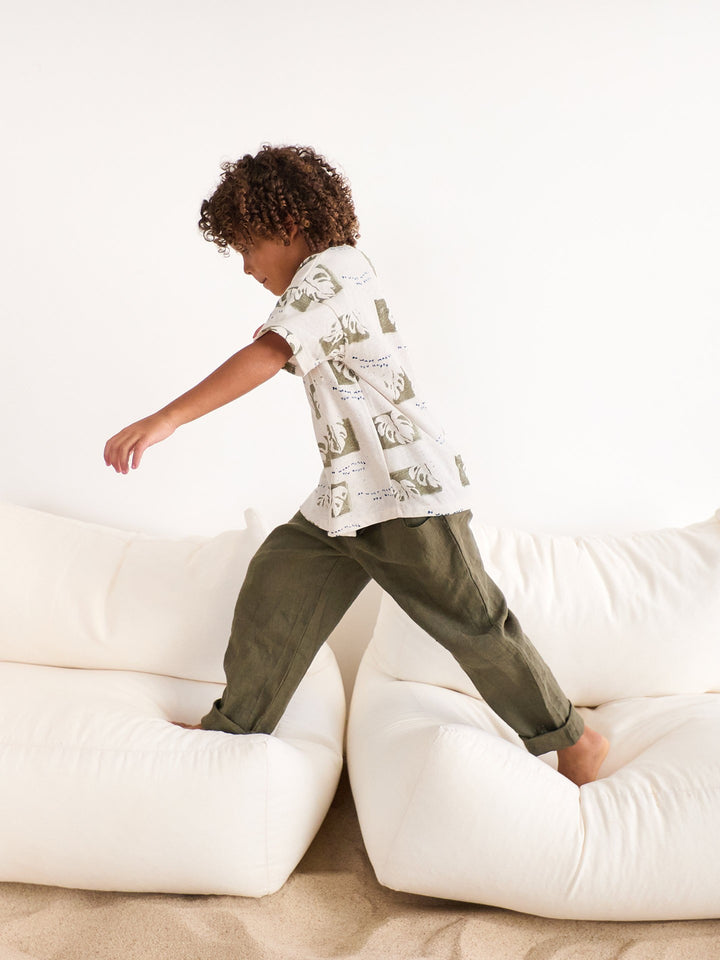 Boys natural fiber T-shirt with olive green botanical leaf print