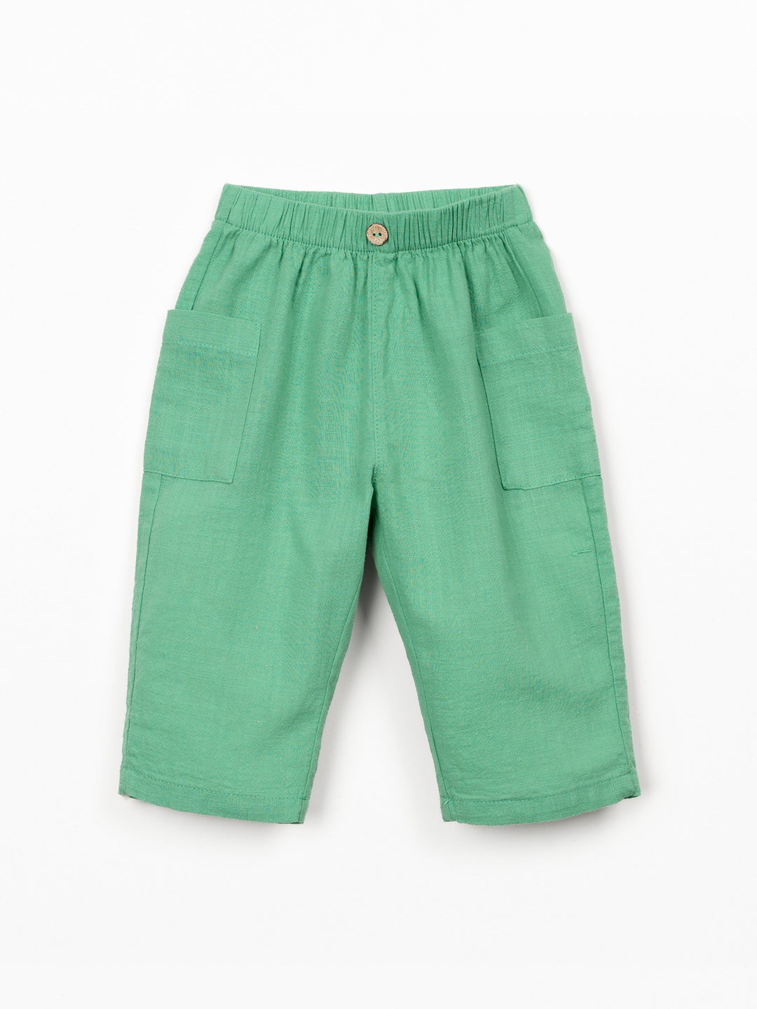 Organic cotton baby boy trousers in soft mint green with patch pockets and elastic waistband