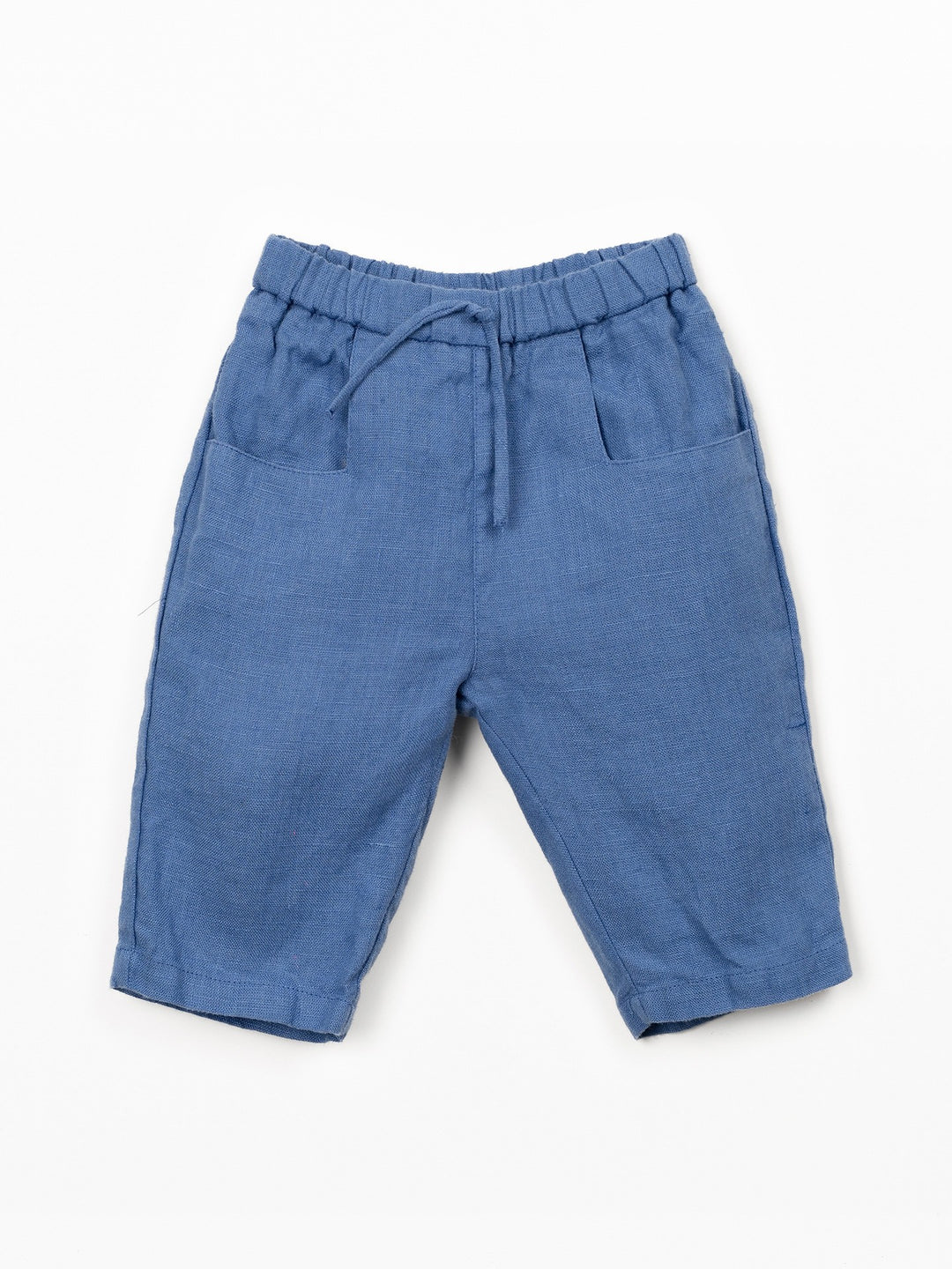 Blue linen baby trousers with elastic waistband by Play Up