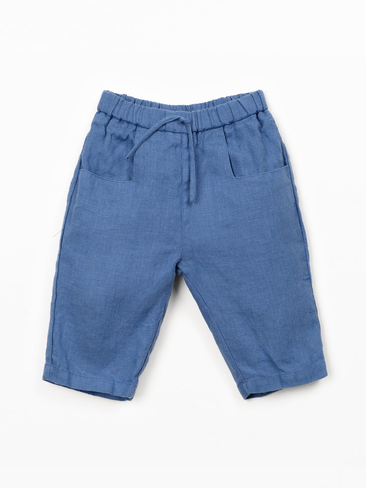 Blue linen baby trousers with elastic waistband by Play Up