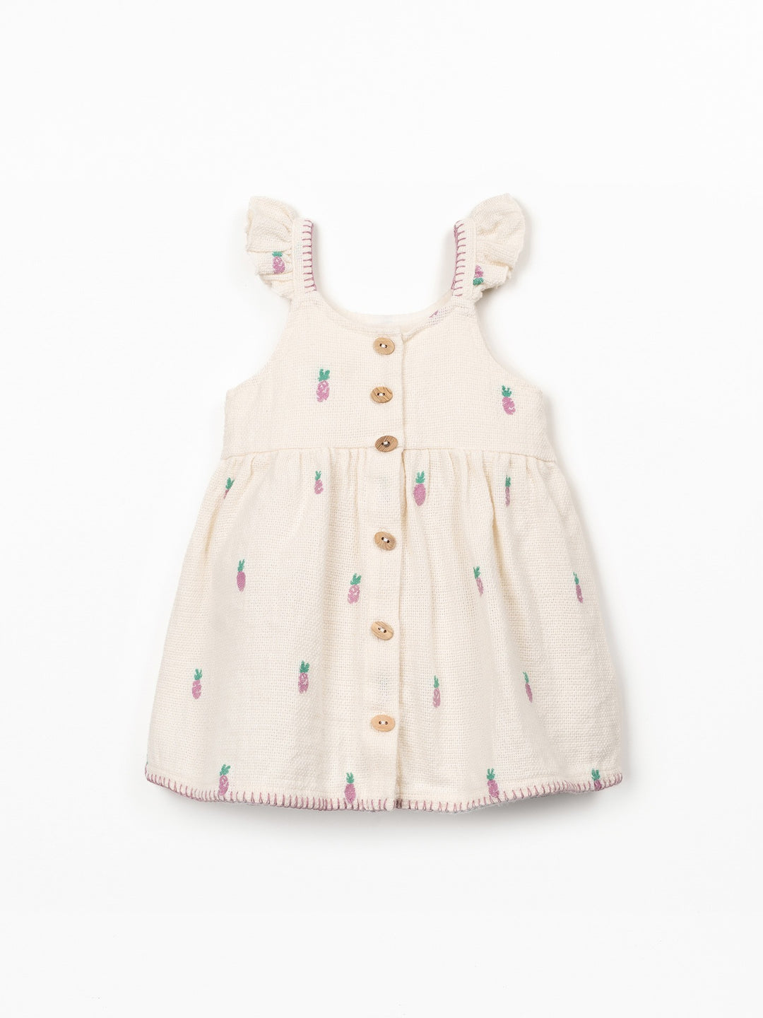 Baby girl pineapple print dress in textured cream cotton with flutter sleeves and wooden buttons