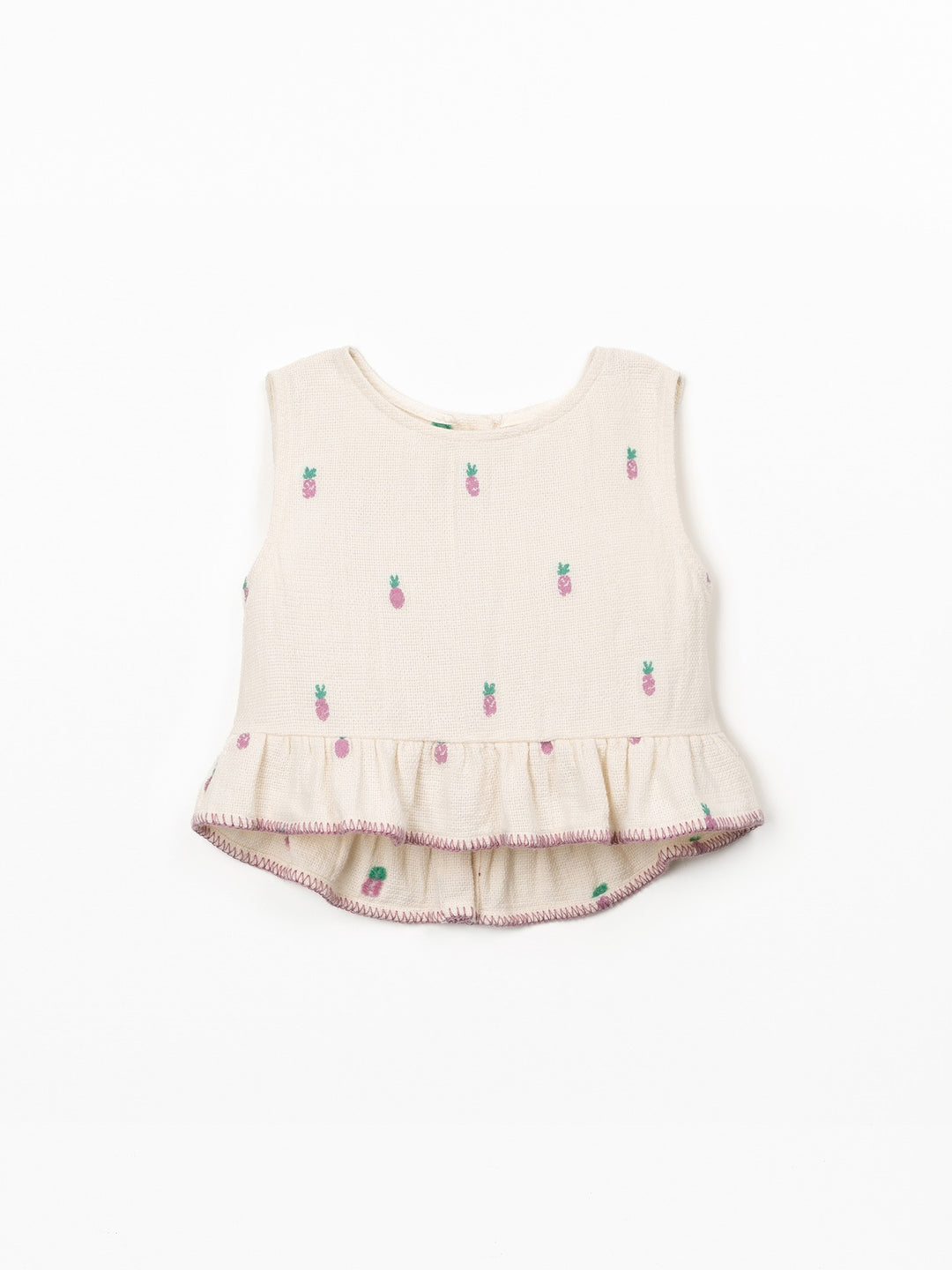 Girls textured cotton pineapple print top with ruffle hem in soft cream fabric