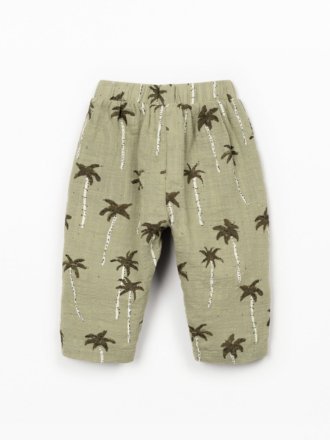 Baby boy palm tree print trousers in soft sage green cotton with relaxed fit