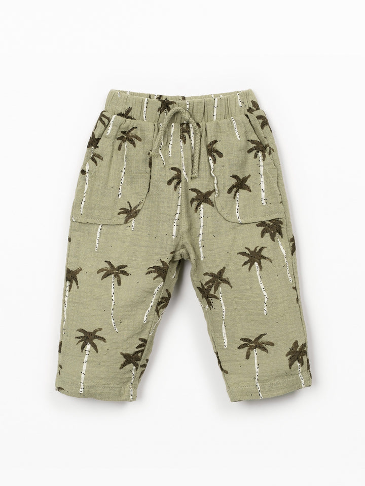 Baby boy palm tree print trousers in soft sage green cotton with relaxed fit