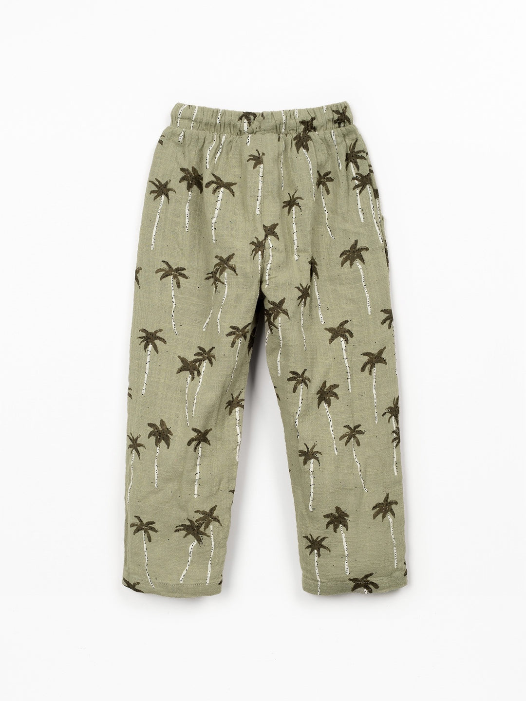 Boy palm tree print trousers in soft sage green cotton with relaxed fit