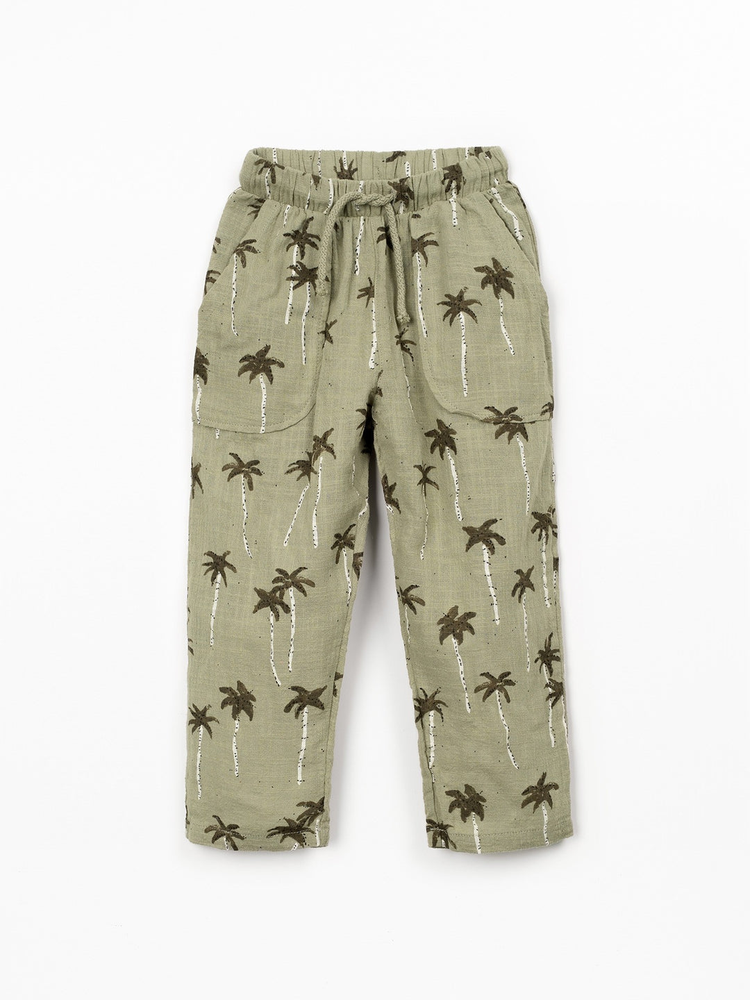 Boy palm tree print trousers in soft sage green cotton with relaxed fit