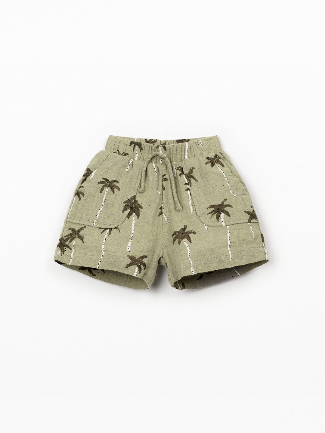 Organic cotton palm tree print shorts in soft sage green with elastic waistband