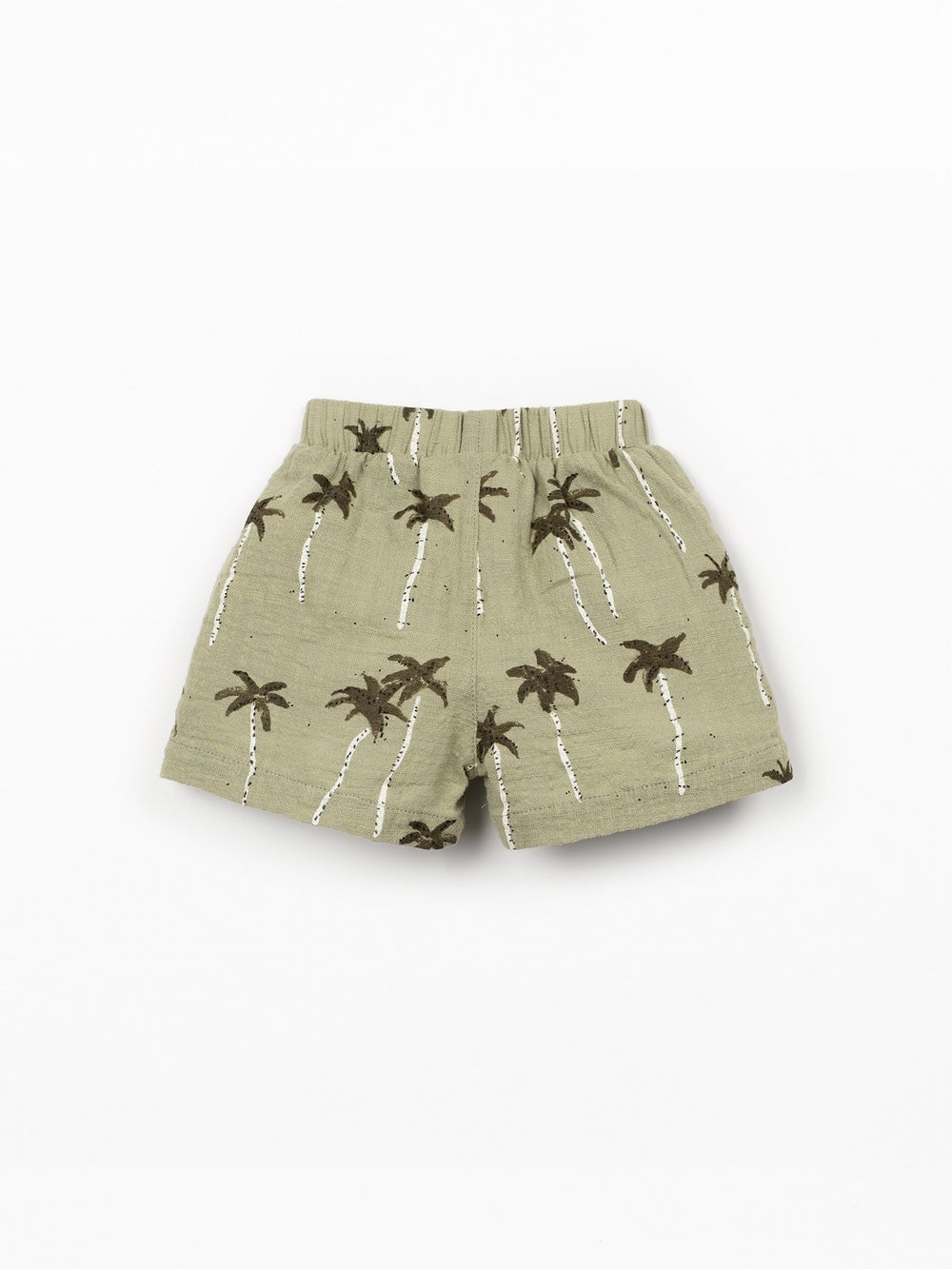 Organic cotton palm tree print shorts in soft sage green with elastic waistband