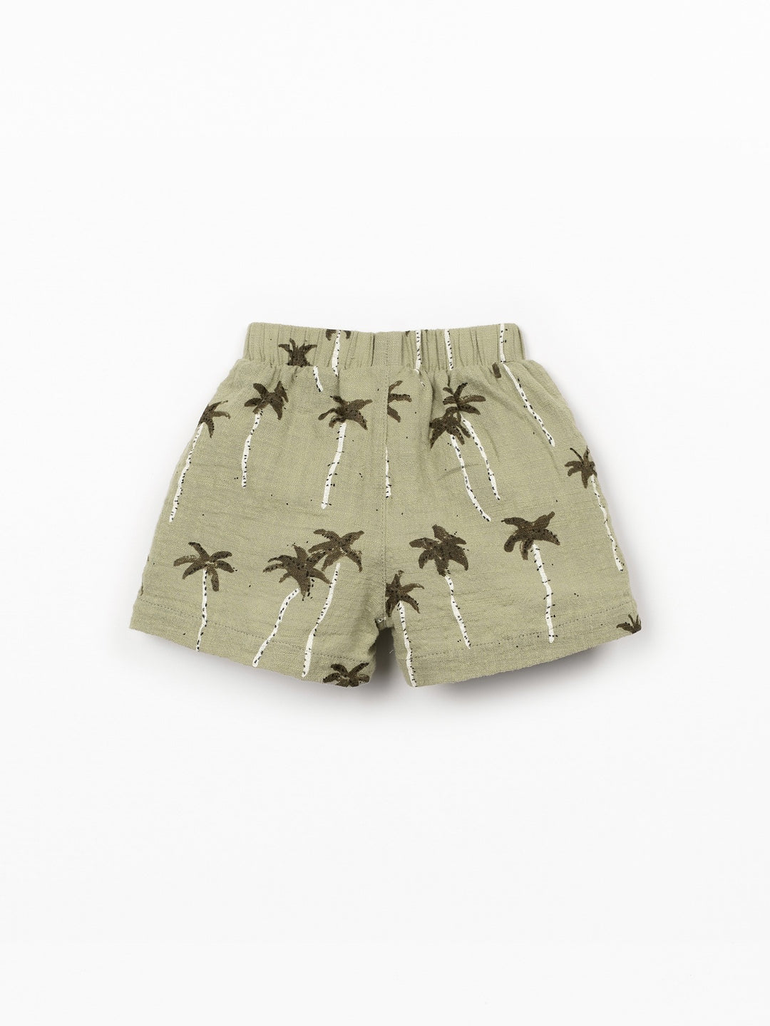Organic cotton palm tree print shorts in soft sage green with elastic waistband